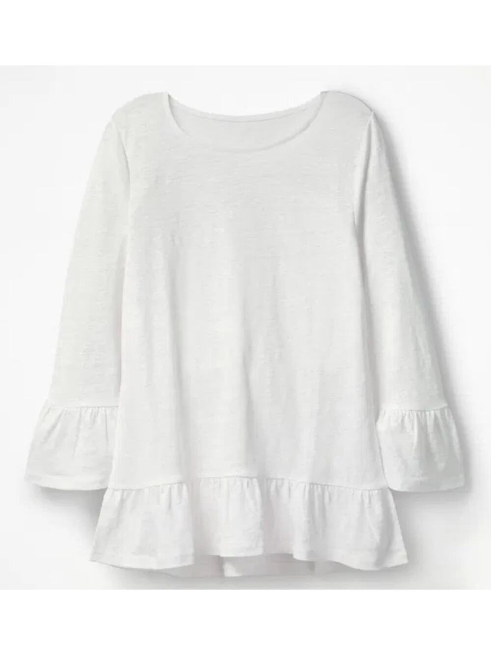 BODEN Ivory White Linen Flare Jersey Top Ruffle Size Large 3/4 Sleeve L